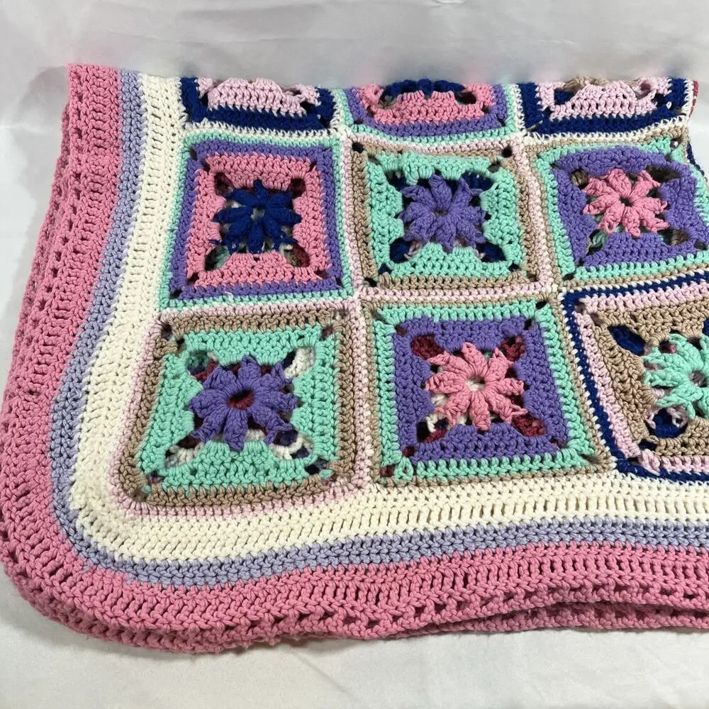 Vintage Granny Square Afghan Blanket Pink Mint Purple Mauve Blue Loose Knit